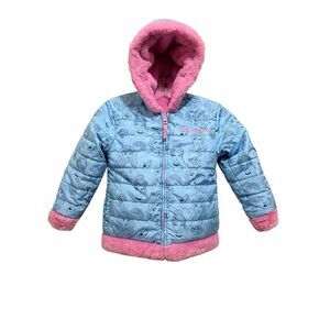 Disney Princess Elsa Anna Puffer Jacket Pink Faux Fur Blue Reversible Hooded 5